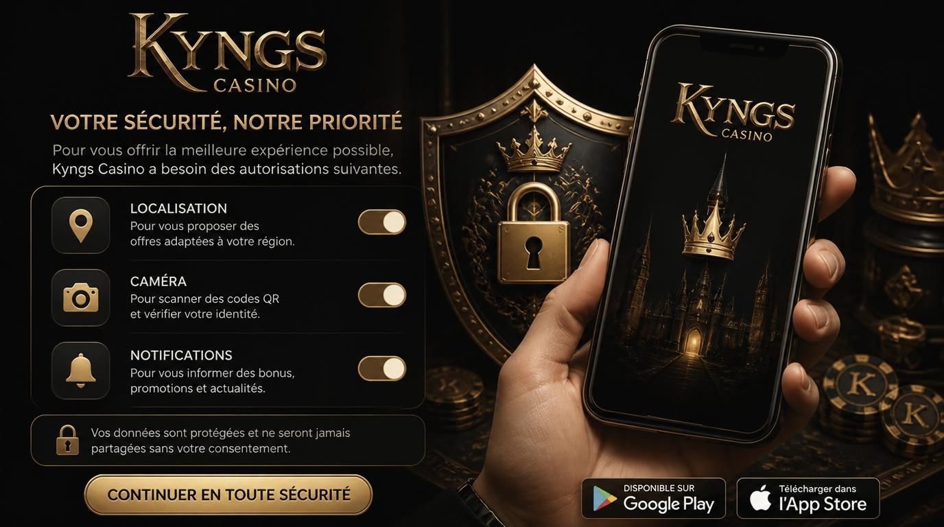 Icône des permissions (caméra, localisation, notifications) avec cadenas de sécurité et logo Kyngs sur téléphone