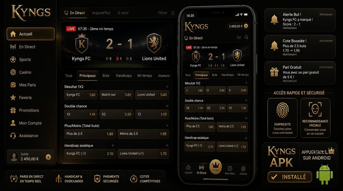 Interface live avec notifications push, biométrie, options handicap et over-under visibles, logo Kyngs