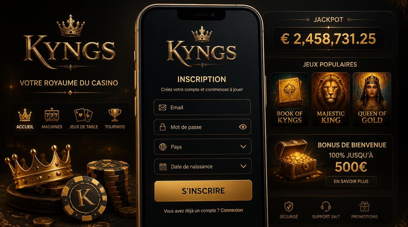Une interface mobile montrant le formulaire dâinscription de Kyngs avec email, mot de passe, pays et date de naissance